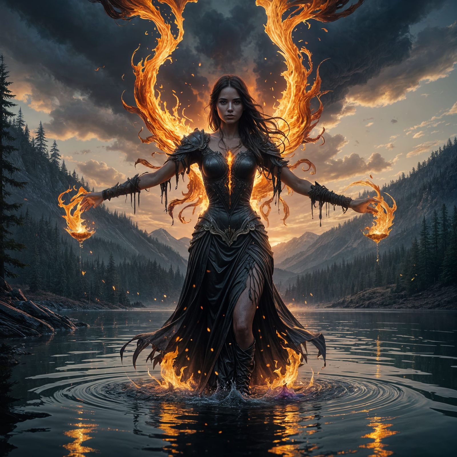 Dark Fantasy Goddess Levitates Above a Lake in a Fiery, Hype...