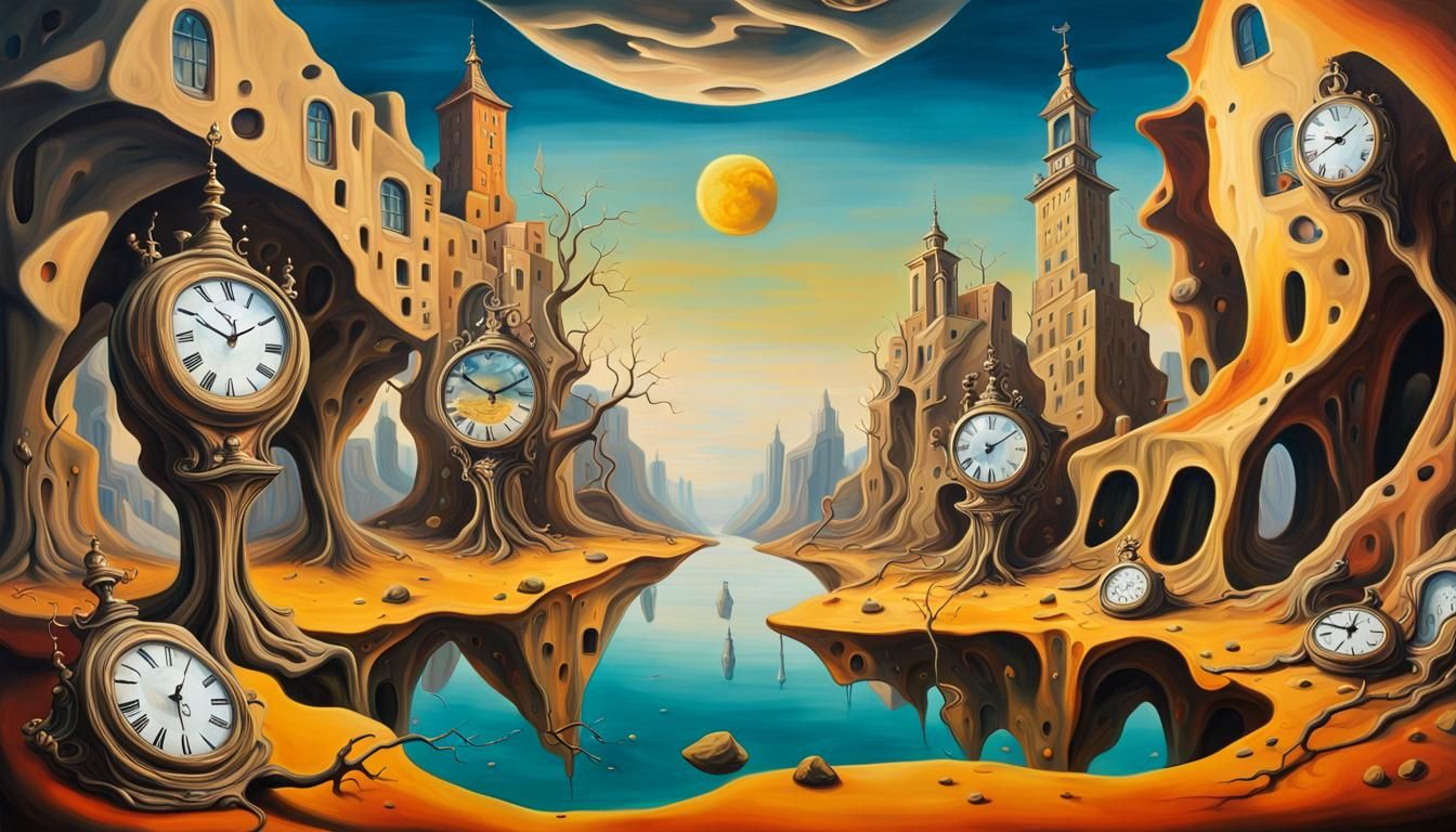Surreal Landscape with Melting Clocks in Dali Style