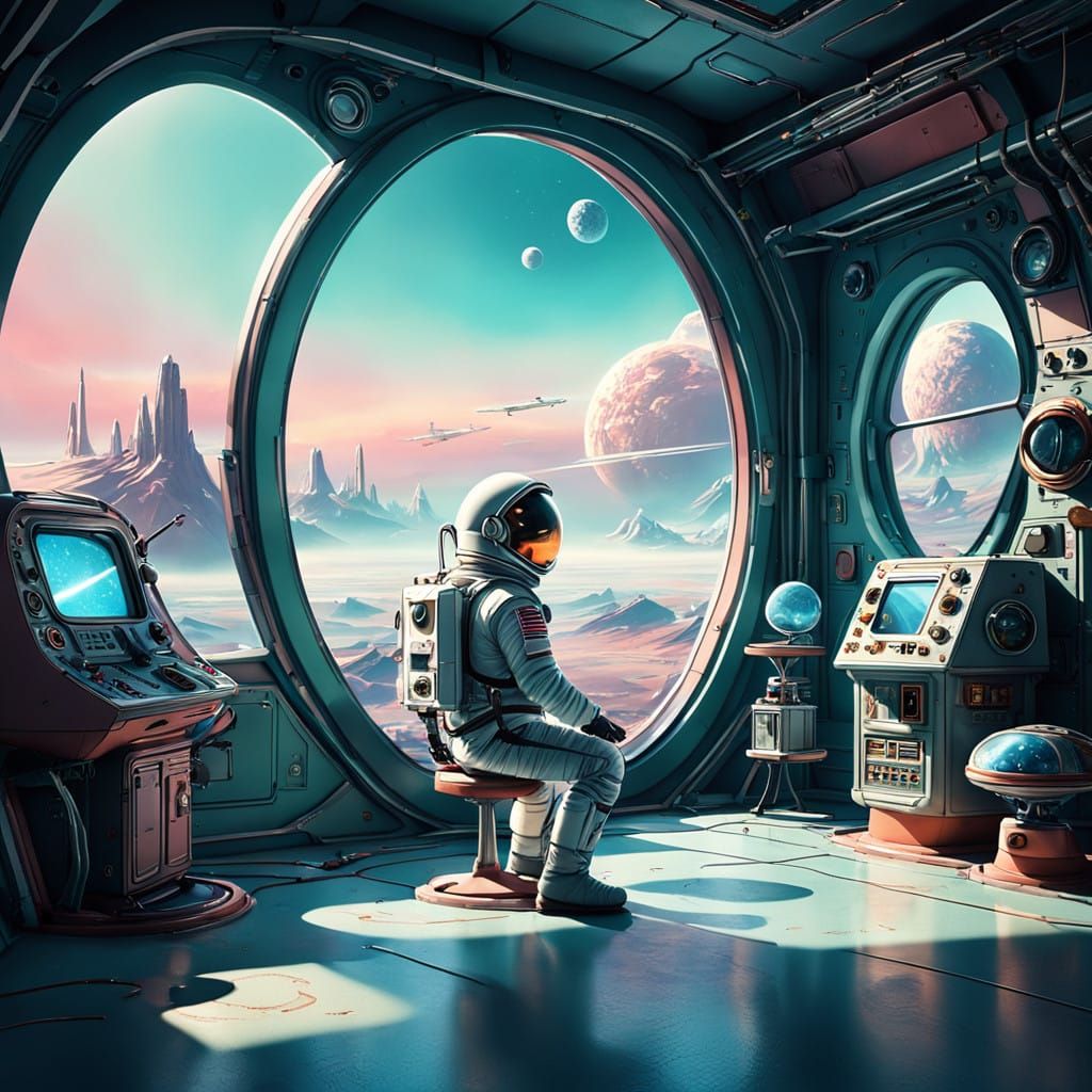 Retro-Futuristic Space Station in 1960s Aesthetic, with Roun...