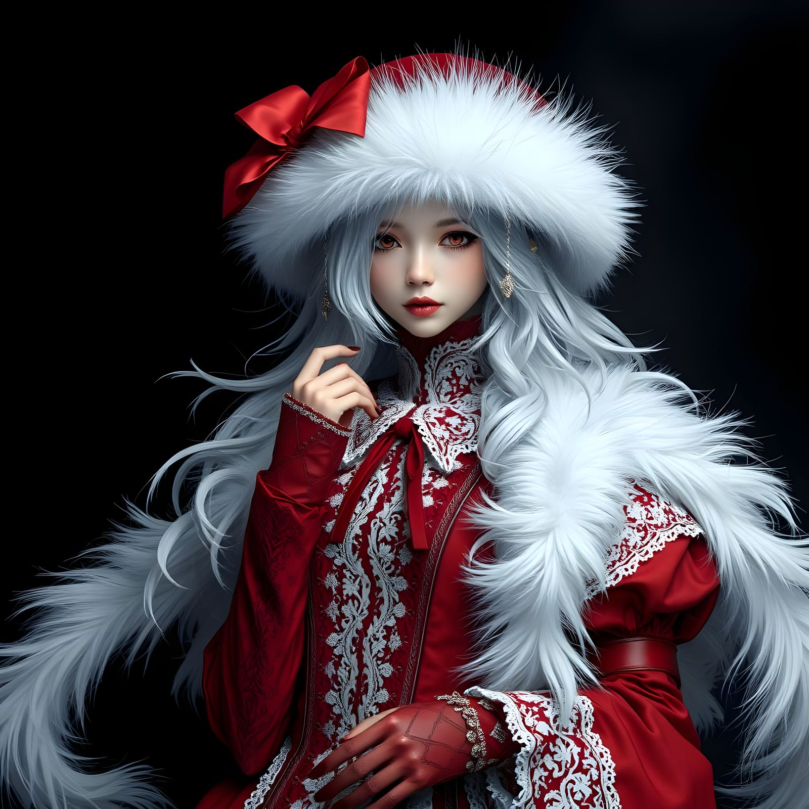 Gothic Girl in Crimson Attire with Snowy Locks