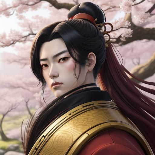 Samurai in Japanese Garden, Ukiyo-e Anime Art