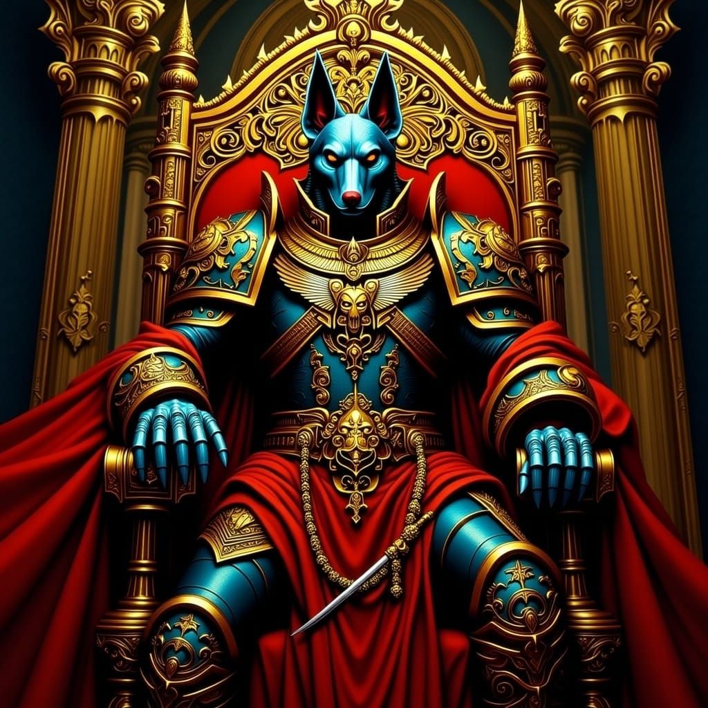 Canine Deity in Baroque Armor on Throne