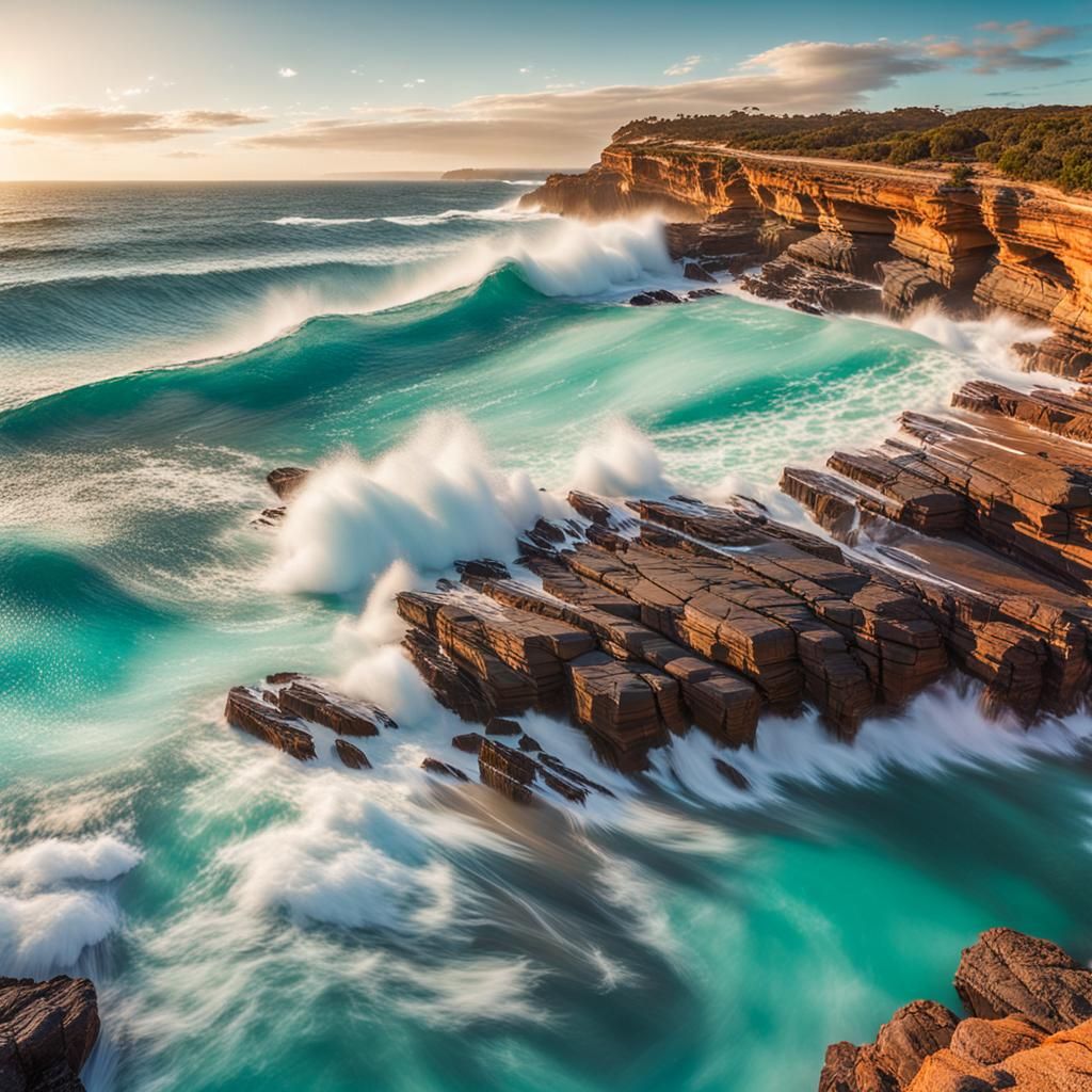 Australian Coastline Waves in Golden Hour Light