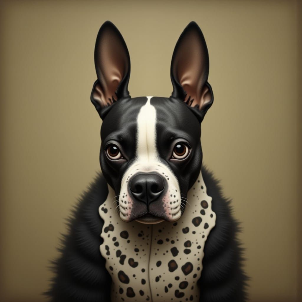 Surreal Boston Terrier in Whimsical Dollhouse Scene