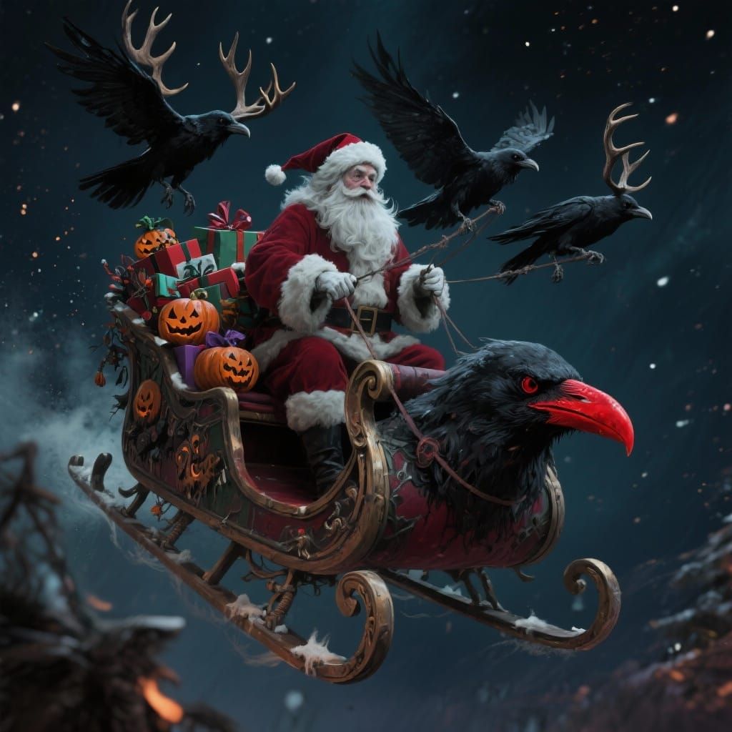 Gothic Santa Claus Rides Sleigh Pulled by Ravens