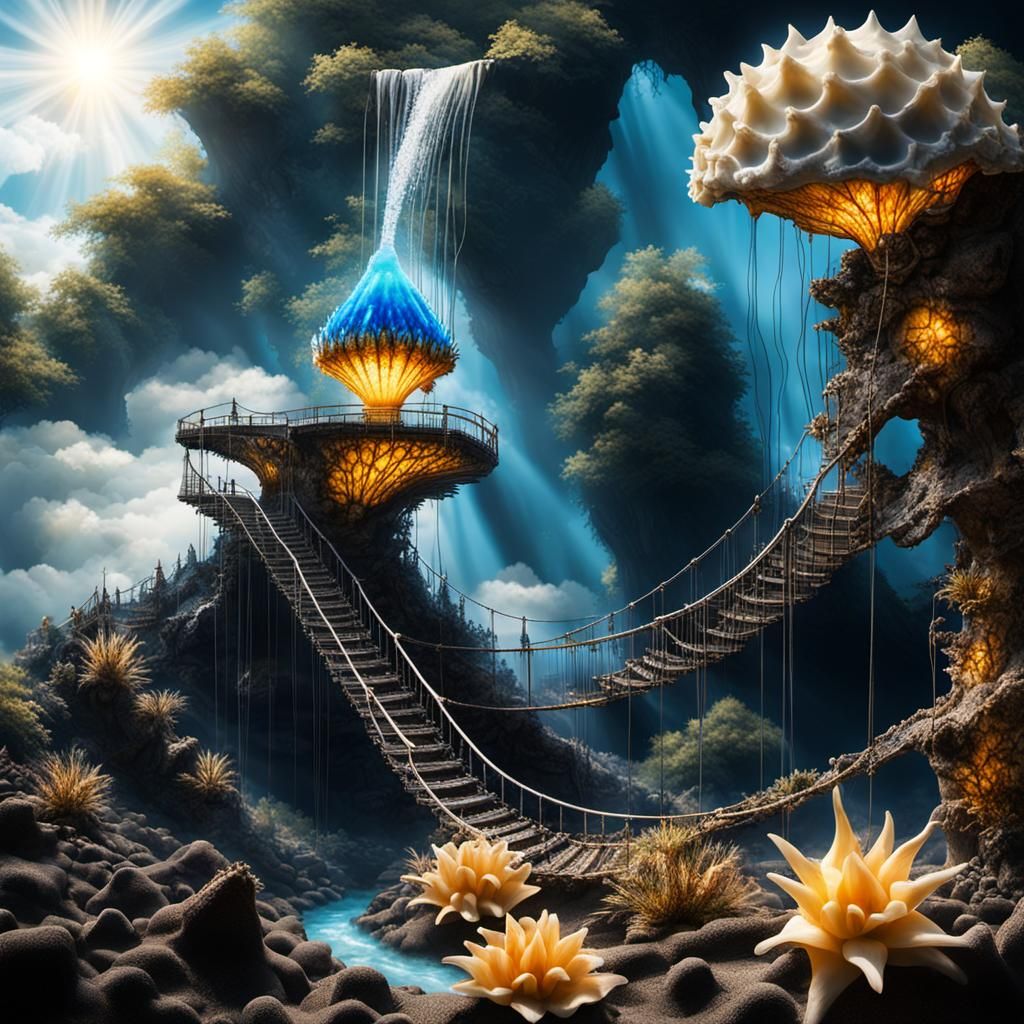 Surreal Ferrofluid Landscape with Glowing Conch Tower