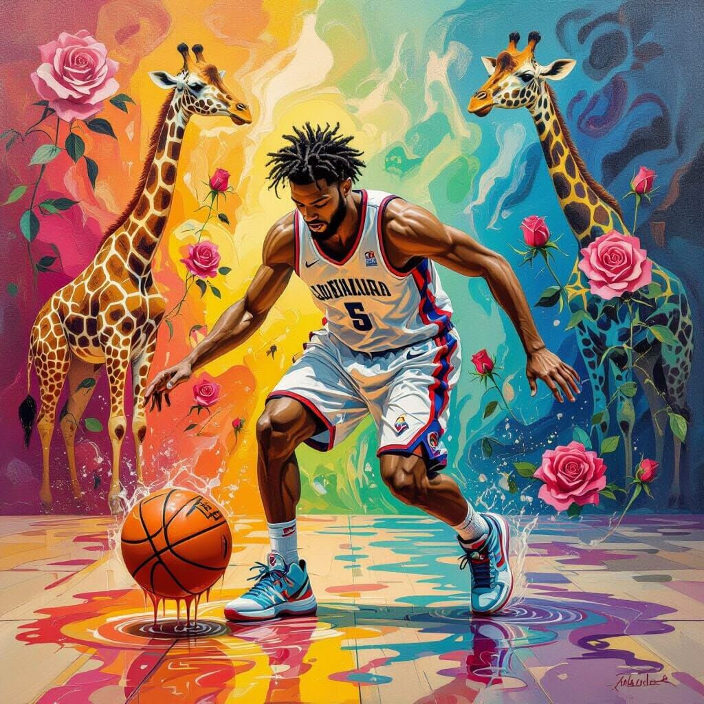 Surrealist Basketball Player in Dream Landscape Oil Painting