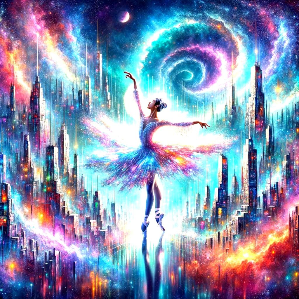 East Asian Dancer in Futuristic Cityscape