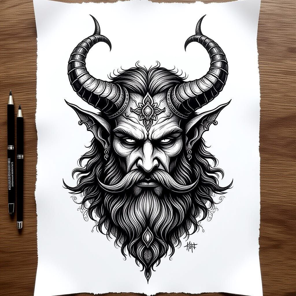Detailed Black and White Pagan Horned God Tattoo