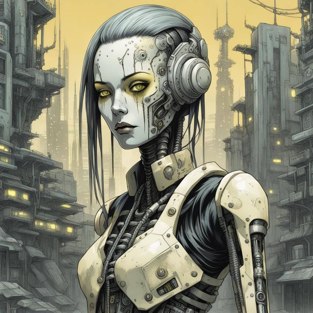 Corroded Cyberpunk Girl in Necropolis, Junji Ito Style