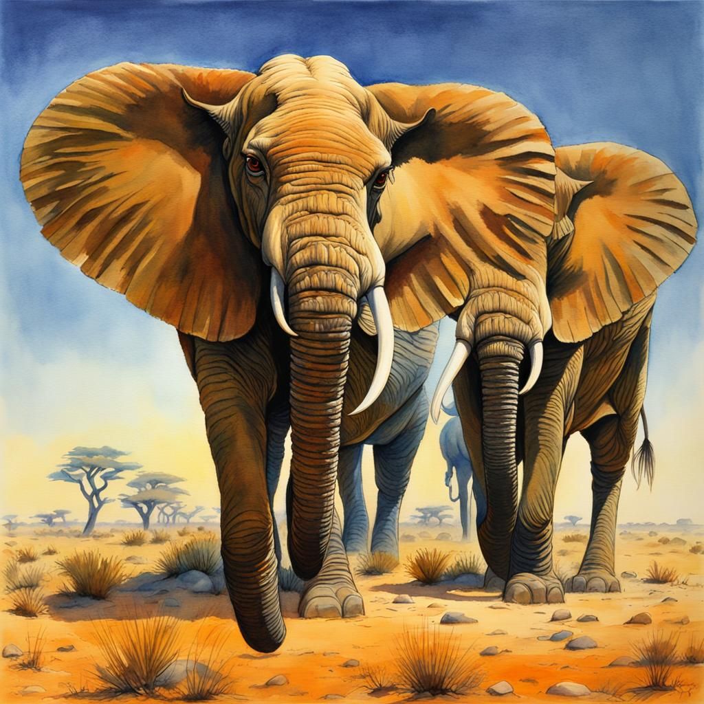 Botswana Safari in Kalahari Desert: Watercolor Painting