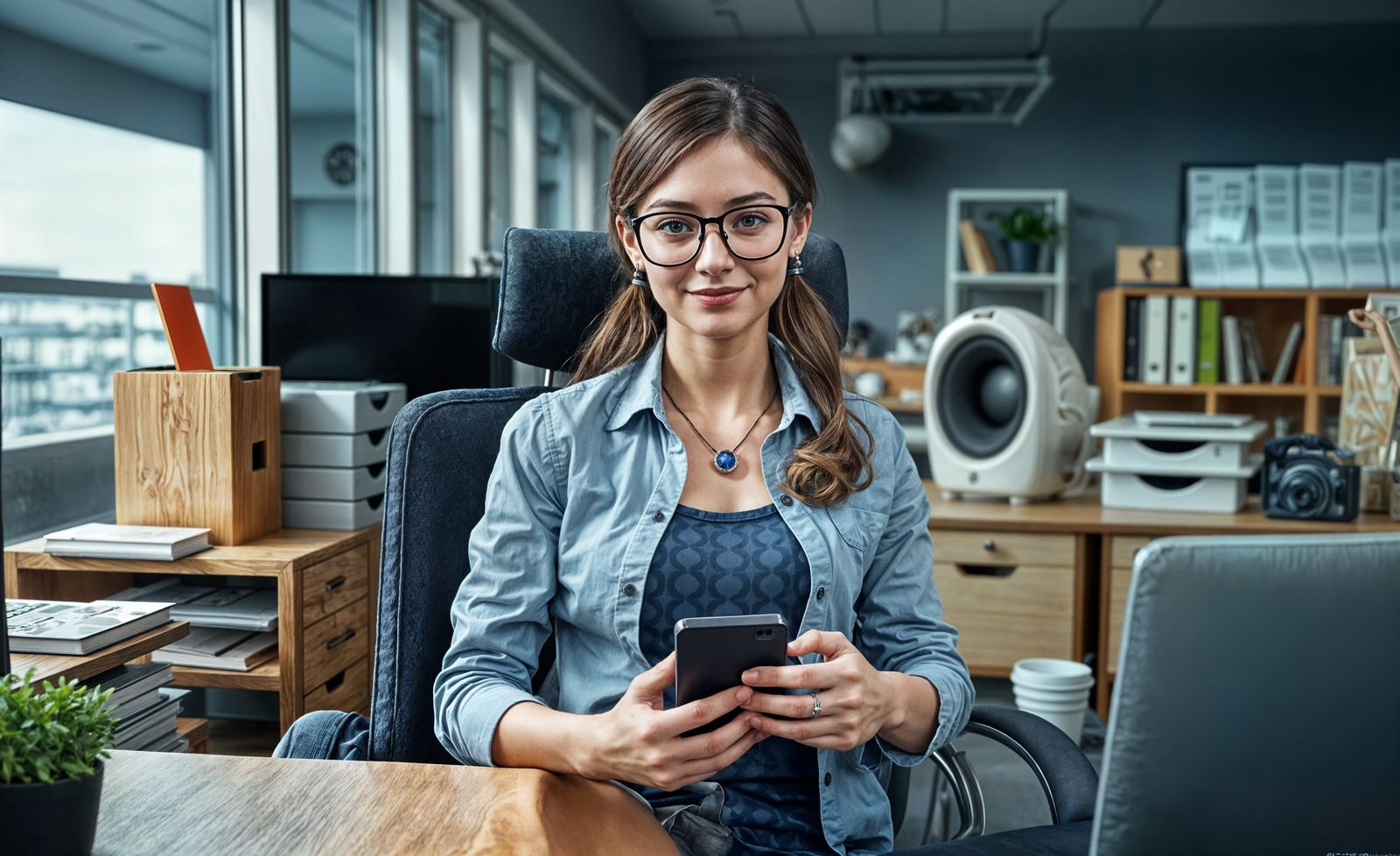 Journalism Researcher Checks Her Phone at Work