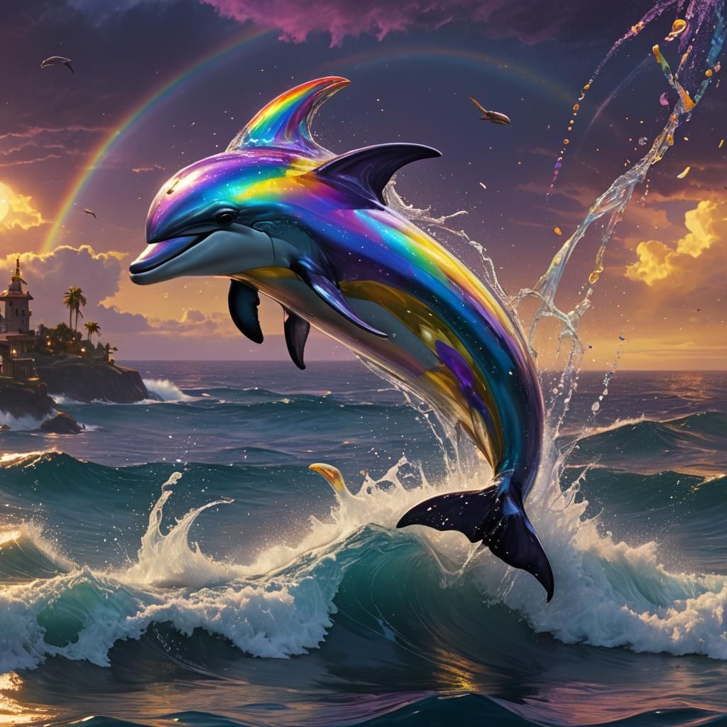 Rainbow Dolphin Leaps: Dark Fantasy Concept Art