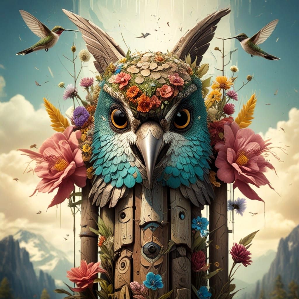 Fantastical Hummingbird Totem Pole in a Vibrant Wildflower M...