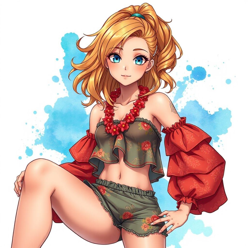 Vanilla Latte - 

Woman with ocean blue eyes and strawberry-blonde thick curls in a high half-ponytail, ruffled off-shou...