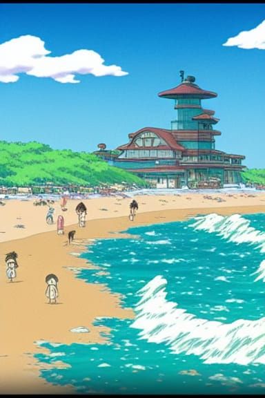 Oceanside Beach Scene in Studio Ghibli Style