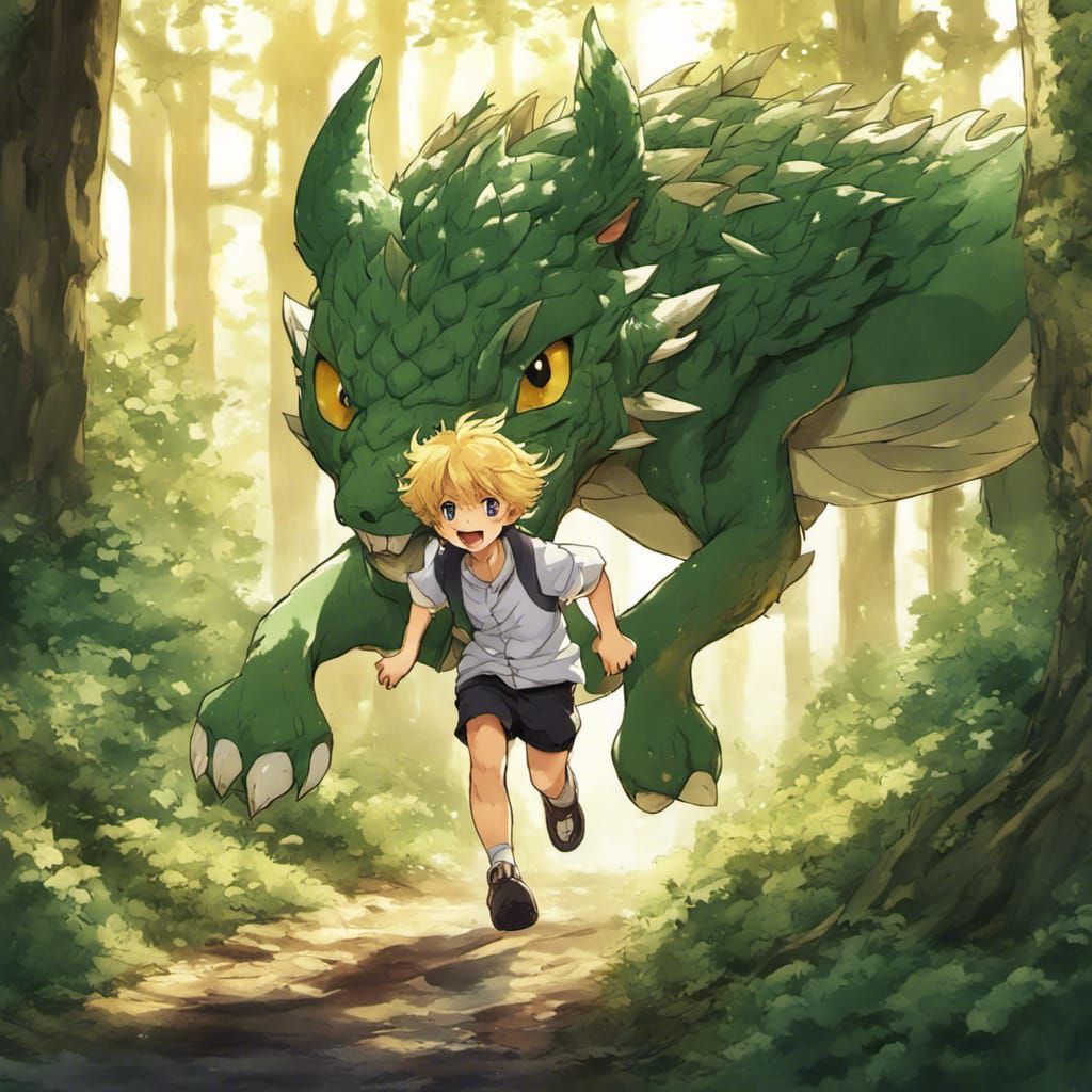 Boy and Dragon Cub in Anime Style Forest