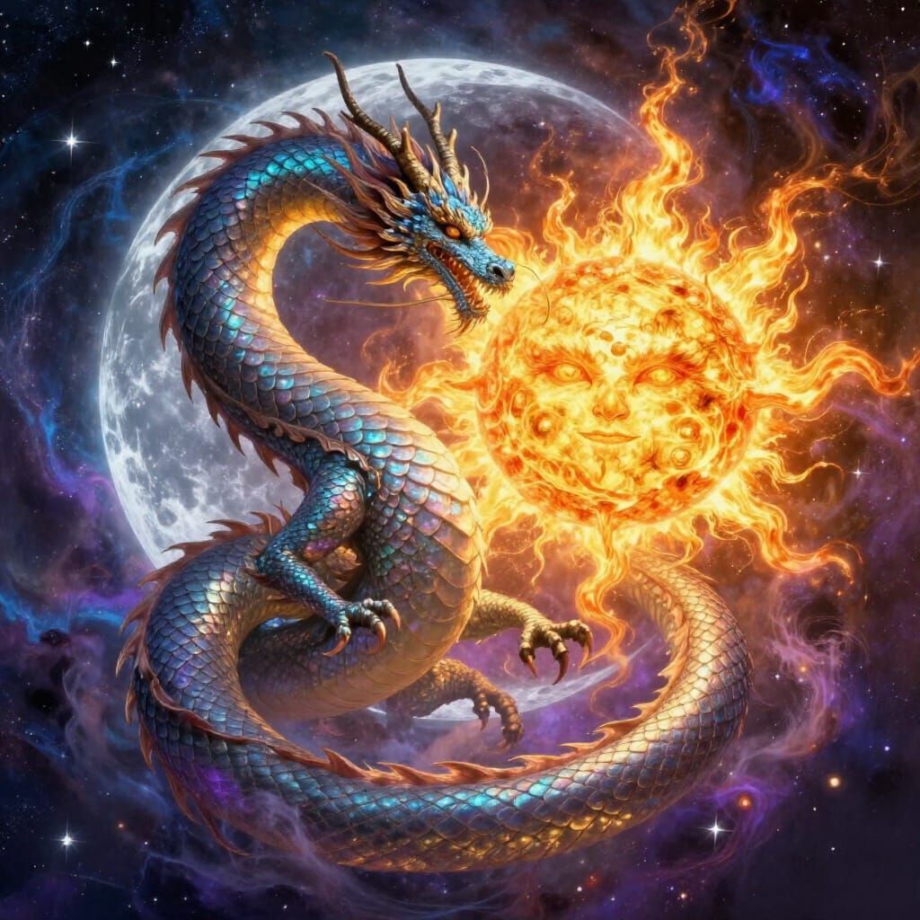 Cosmic Dance of Moon and Sun Dragons