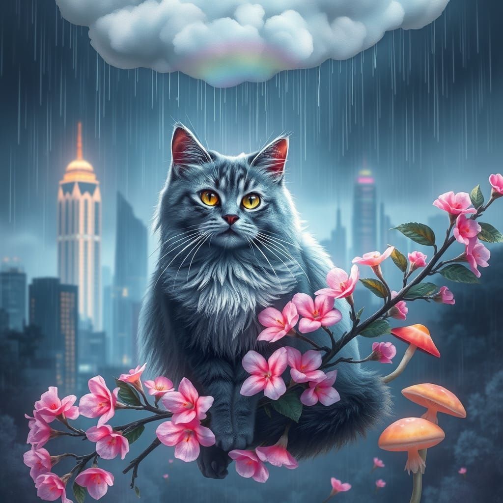 Ethereal Cat Under Rainbow Rain in Cosmic City