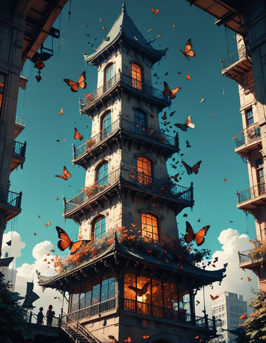 Whimsical Tower in Vibrant Manga Style