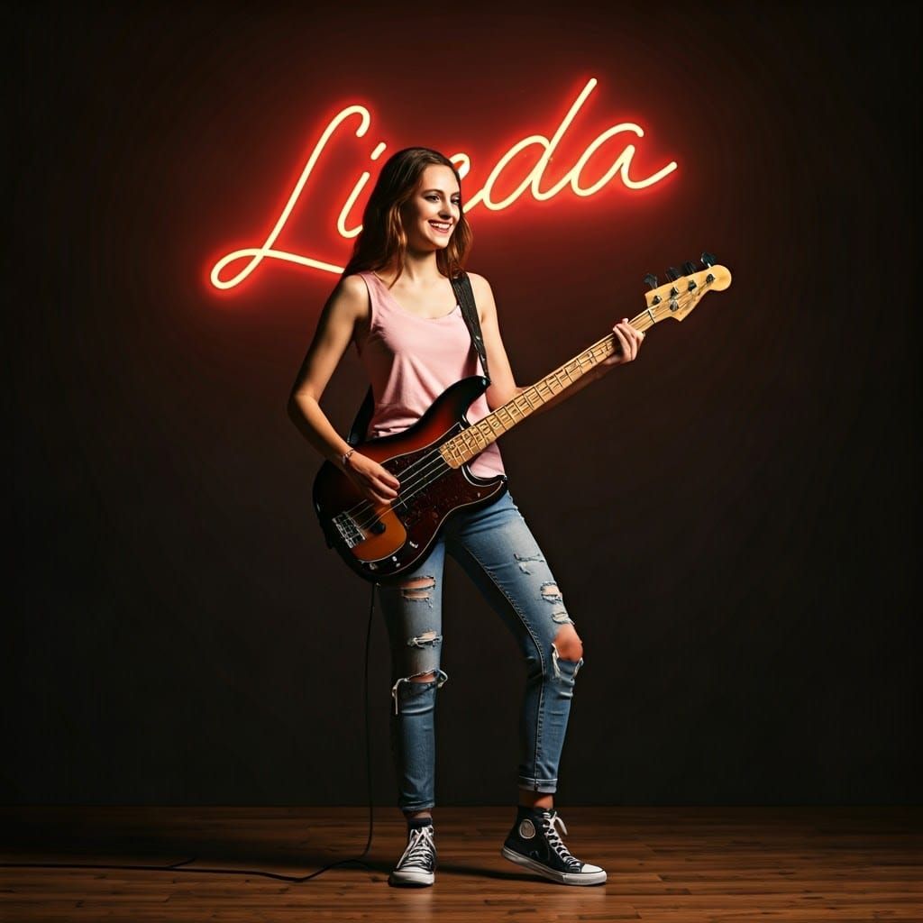 Woman Plays Bass Under Neon Sign, Gritty Aesthetic