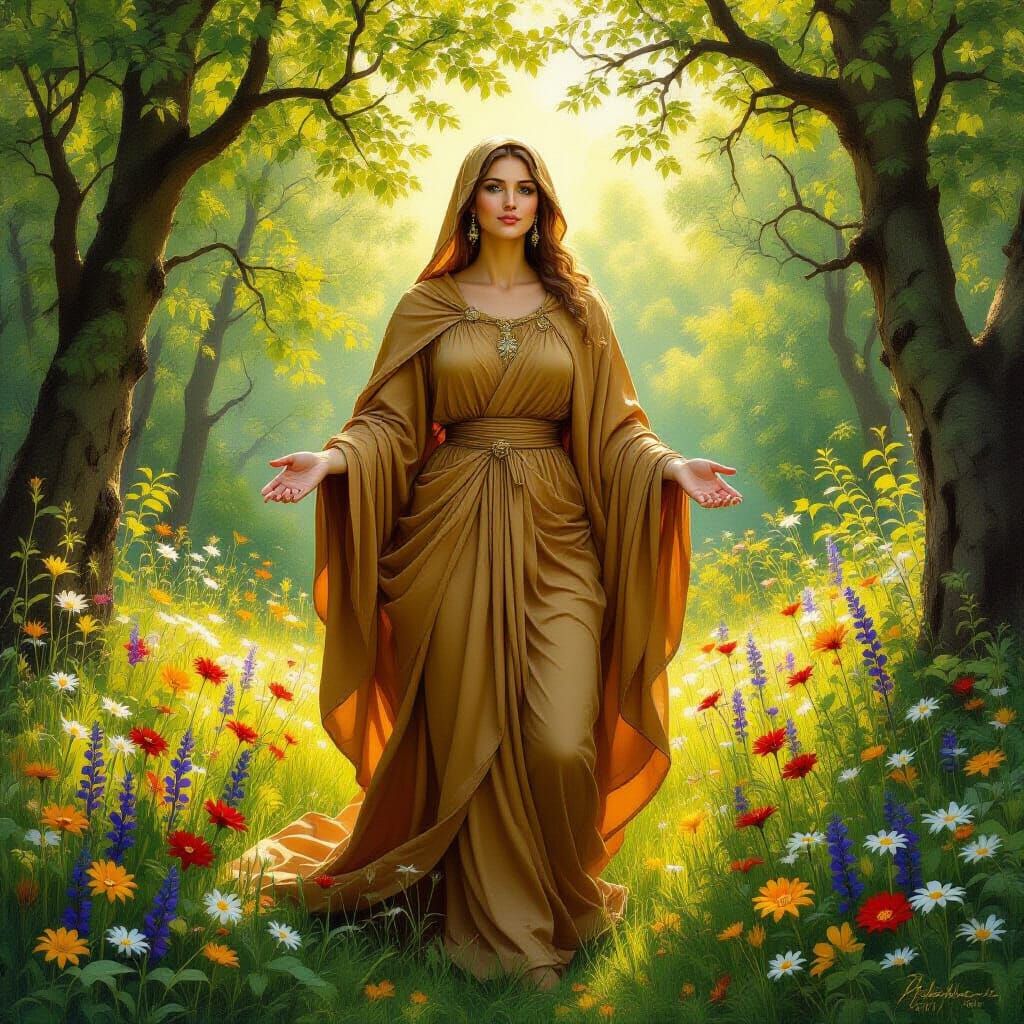 Bulgarian Goddess in Forest Clearing as Oil Painting