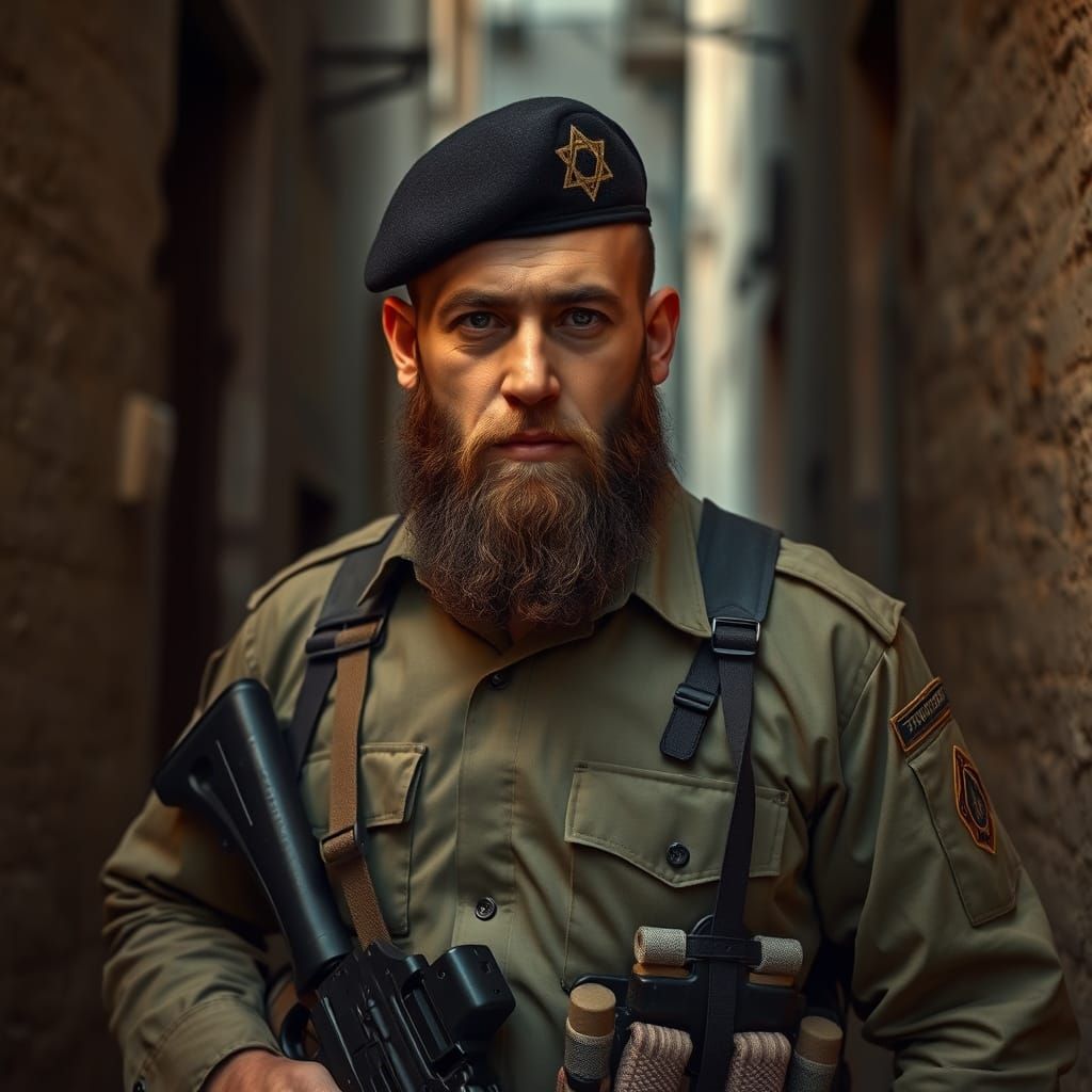 Haredi Soldier in Jerusalem Alleyway, in Photorealistic Styl...