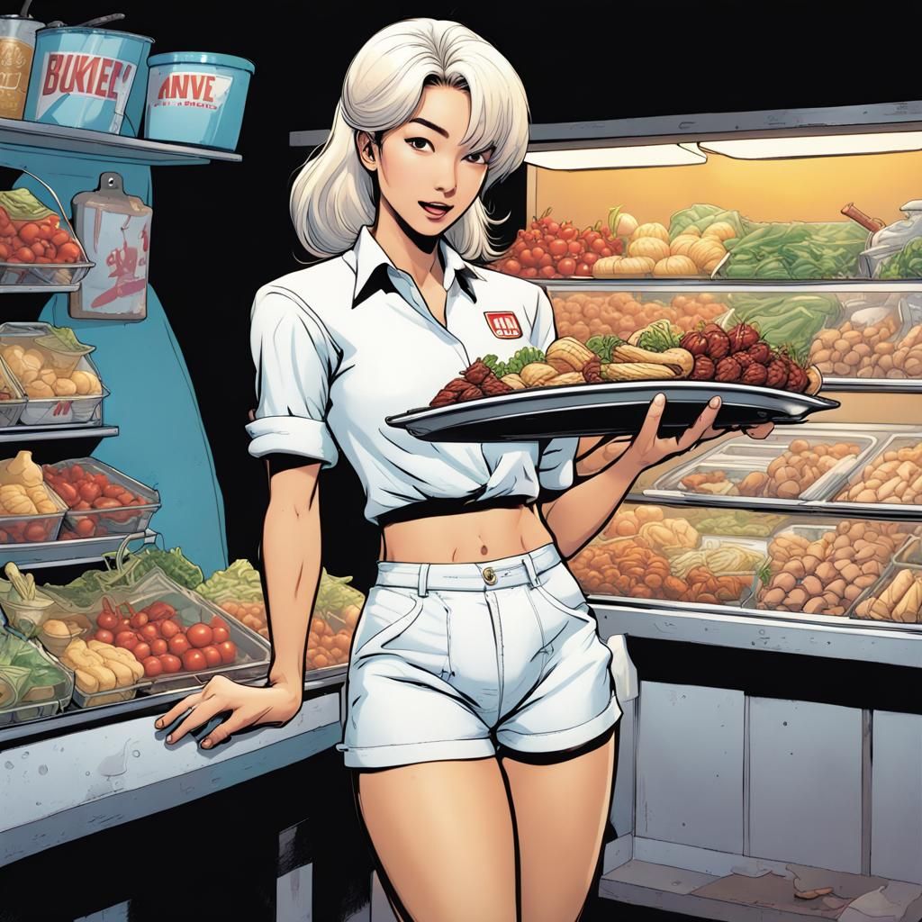 British-Korean Diner Waitress in Comic Book Style