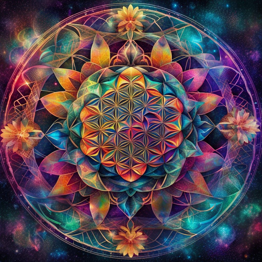 Geometric Flower of Life Mandala in Mixed Media Style