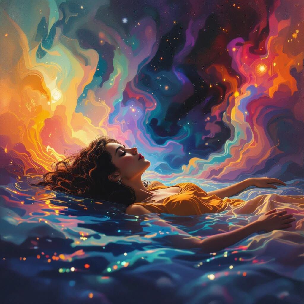 Dreamlike Woman in Space with Holographic Details