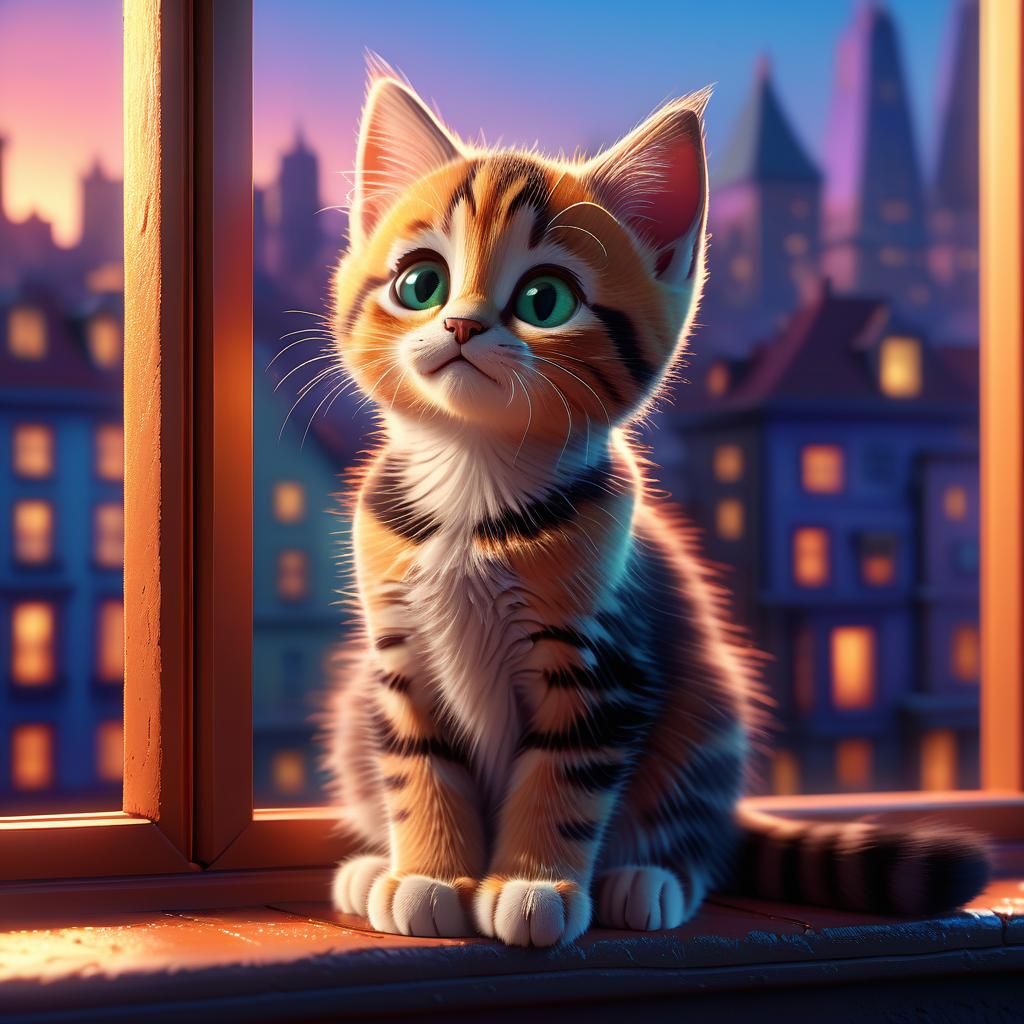 Kitten Gazing at Cityscape as Pixar 3D Art