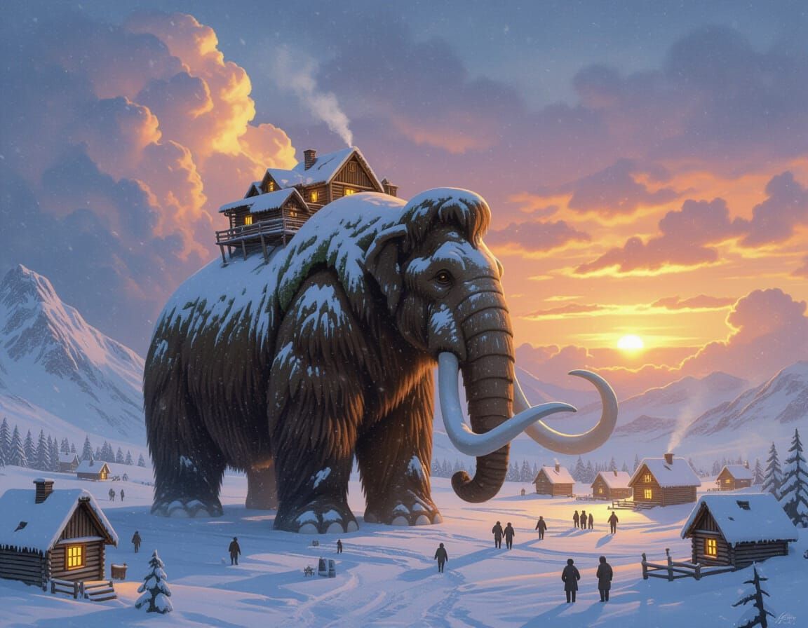 Woolly Mammoth Carries Ice Age Village on Snowy Plain