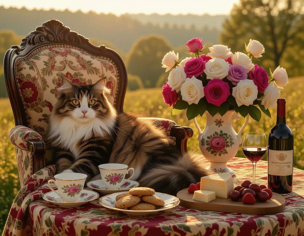 Whimsical Cat in French Cafe Scene