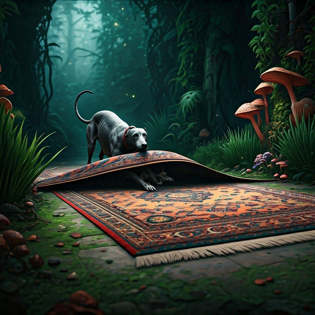 Cat and Hidden Greyhound in Mystical Landscape