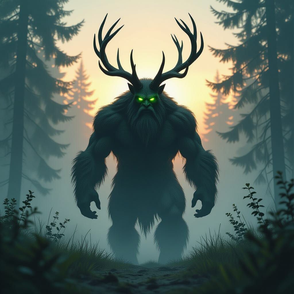Majestic Bigfoot With Deer Antlers in Misty Forest
