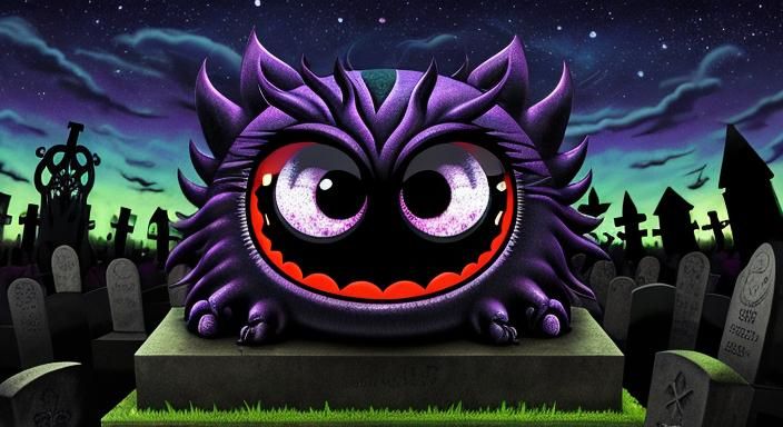 Psychedelic Chibi Monster in Graveyard, 3D Render