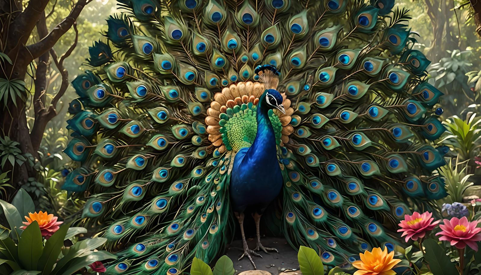 Peacock in Lush Indian Garden: Detailed Matte Painting