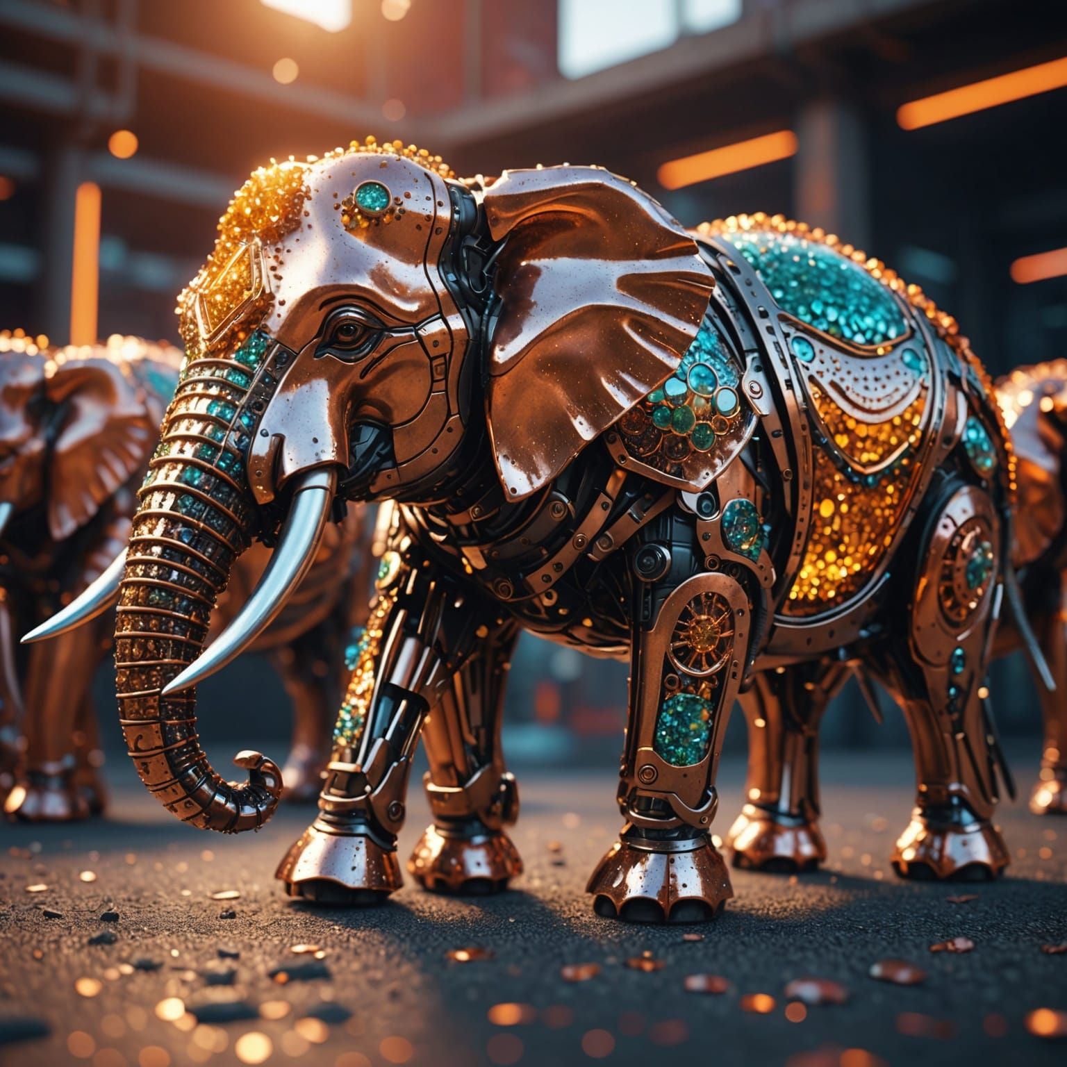 Shimmering Copper Elephants in Pointillism Style