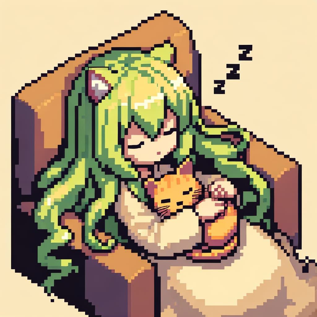 Pixel Art Anime Girl Sleeping with Orange Cat