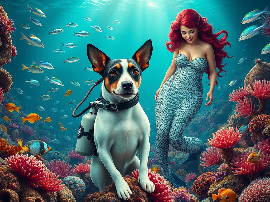 Dog Dressed as Scuba Diver Meets Mermaid