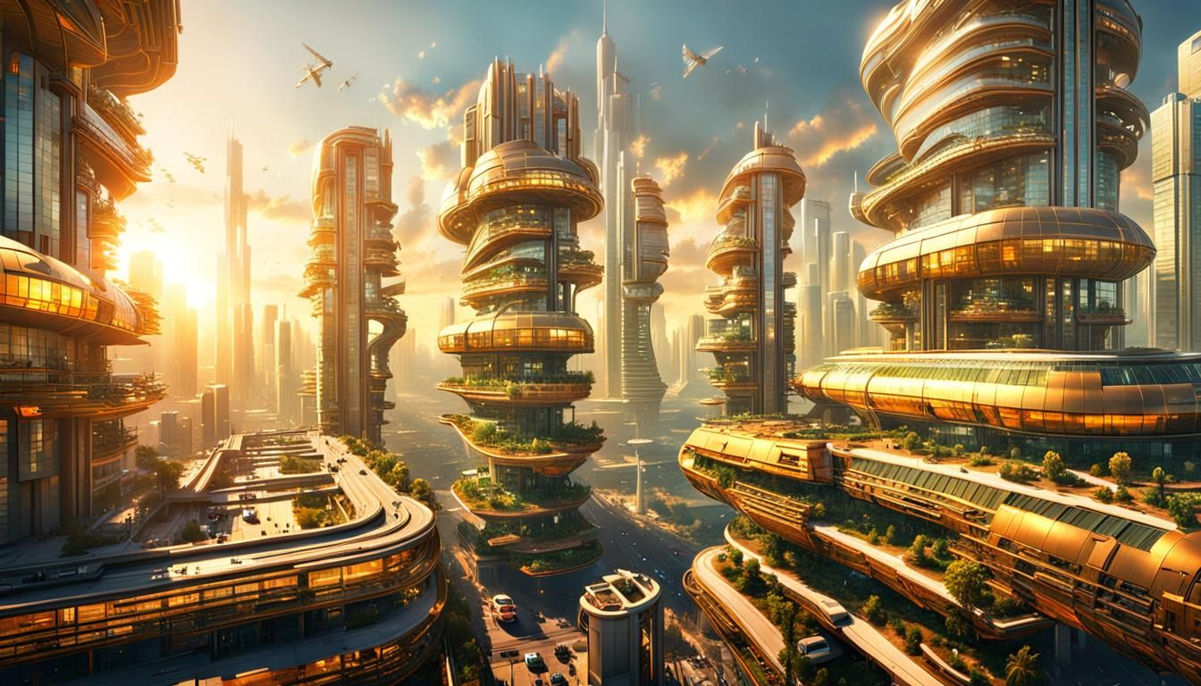 Futuristic Utopian City at Golden Hour