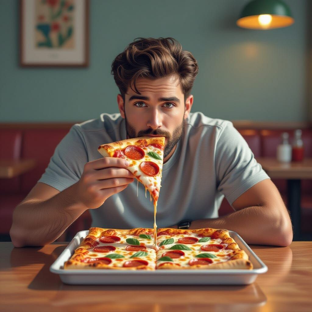 Man Devouring Pizza in Futuristic Style