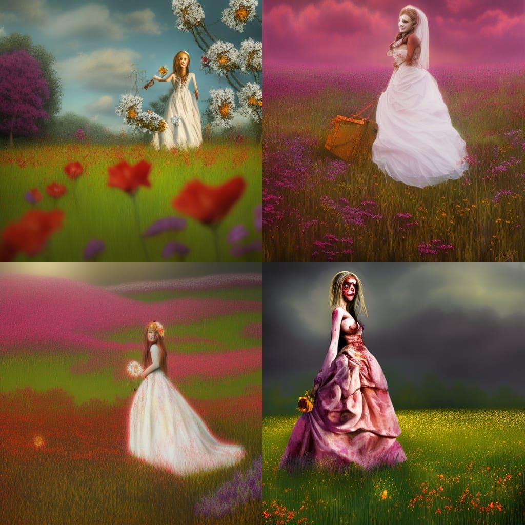 Zombie Bride in Flower Meadow: Digital Art