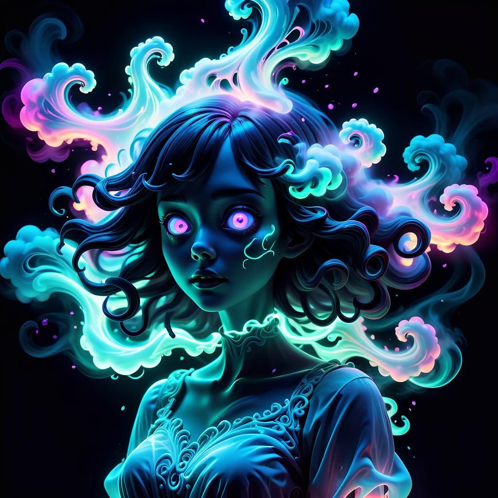 Neon Ghost Girl Concept Art in Synthwave Style
