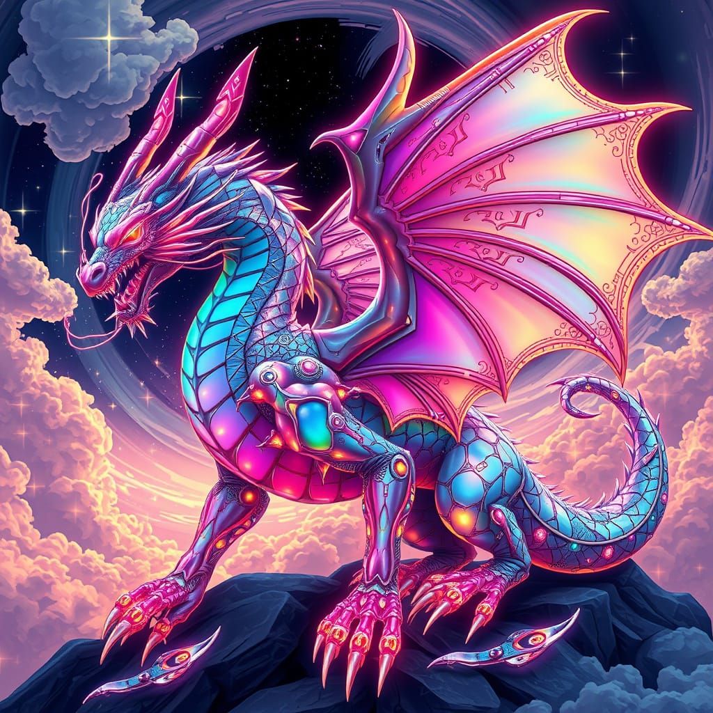 Cybernetic Dragon with Iridescent Scales and Fractal Wings