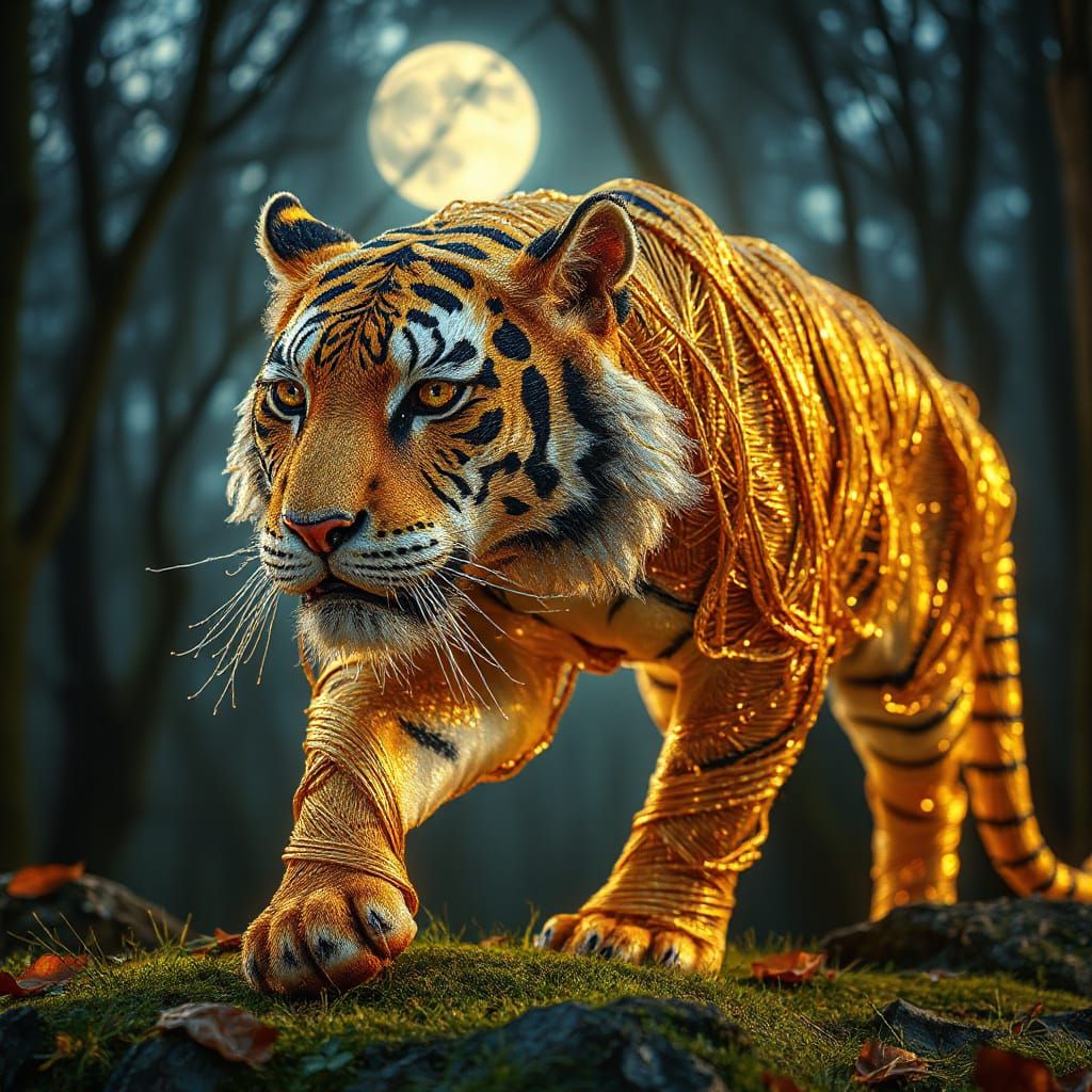 Cosmic Tiger in Enchanted Forest, Art Nouveau Style