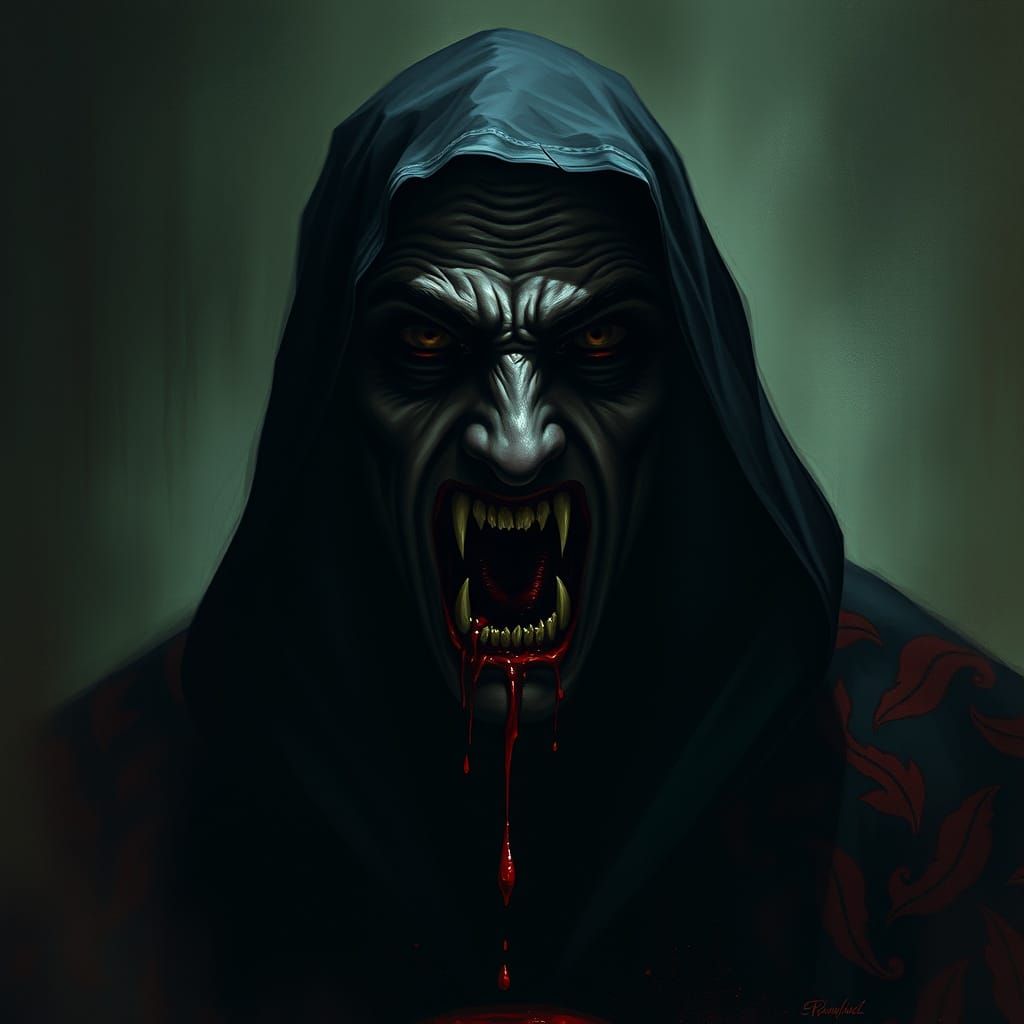 Gothic Dracula Figure in Shadows with Dripping Blood