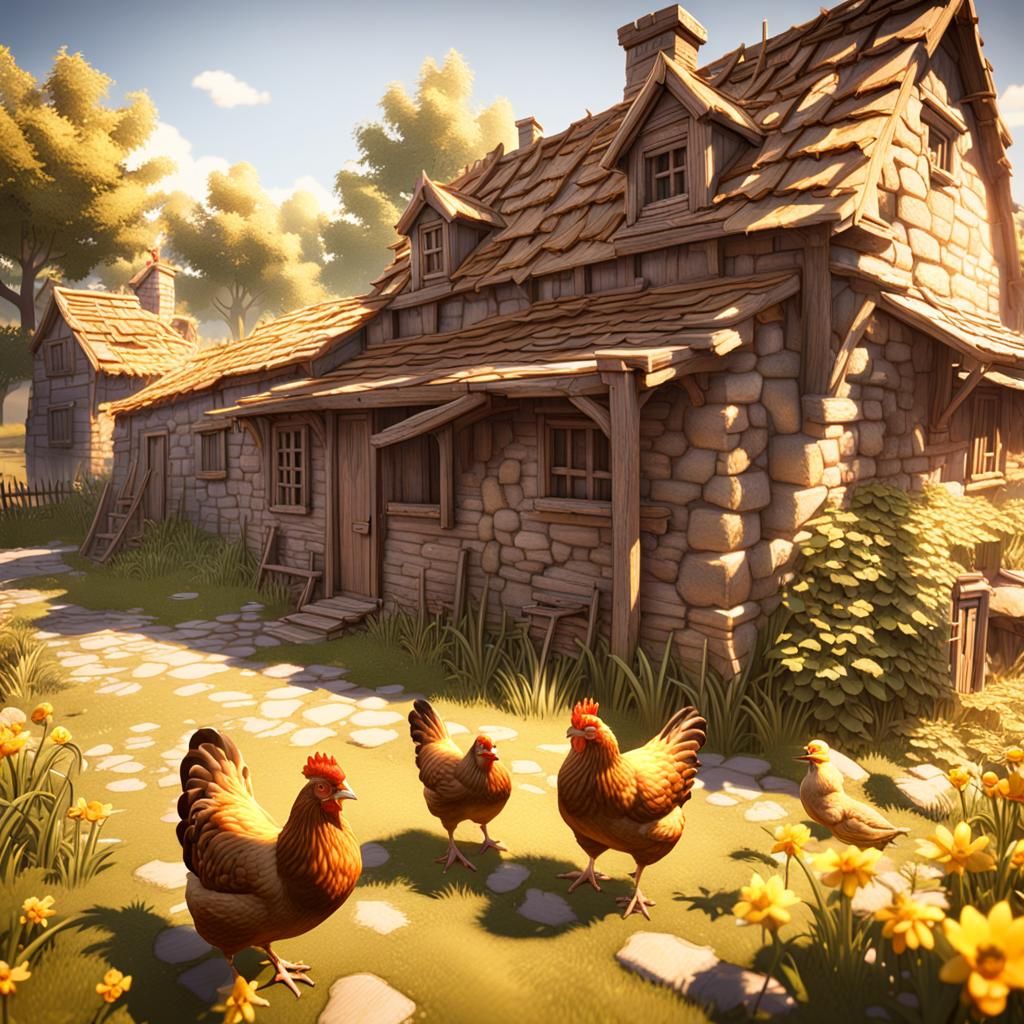 Mother Hen and Chicks in Village Scene