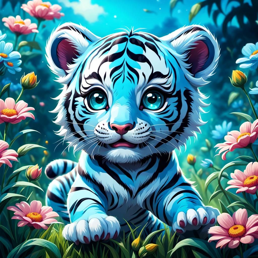 a stunning image of a cute adorable happy blue baby tiger wi...