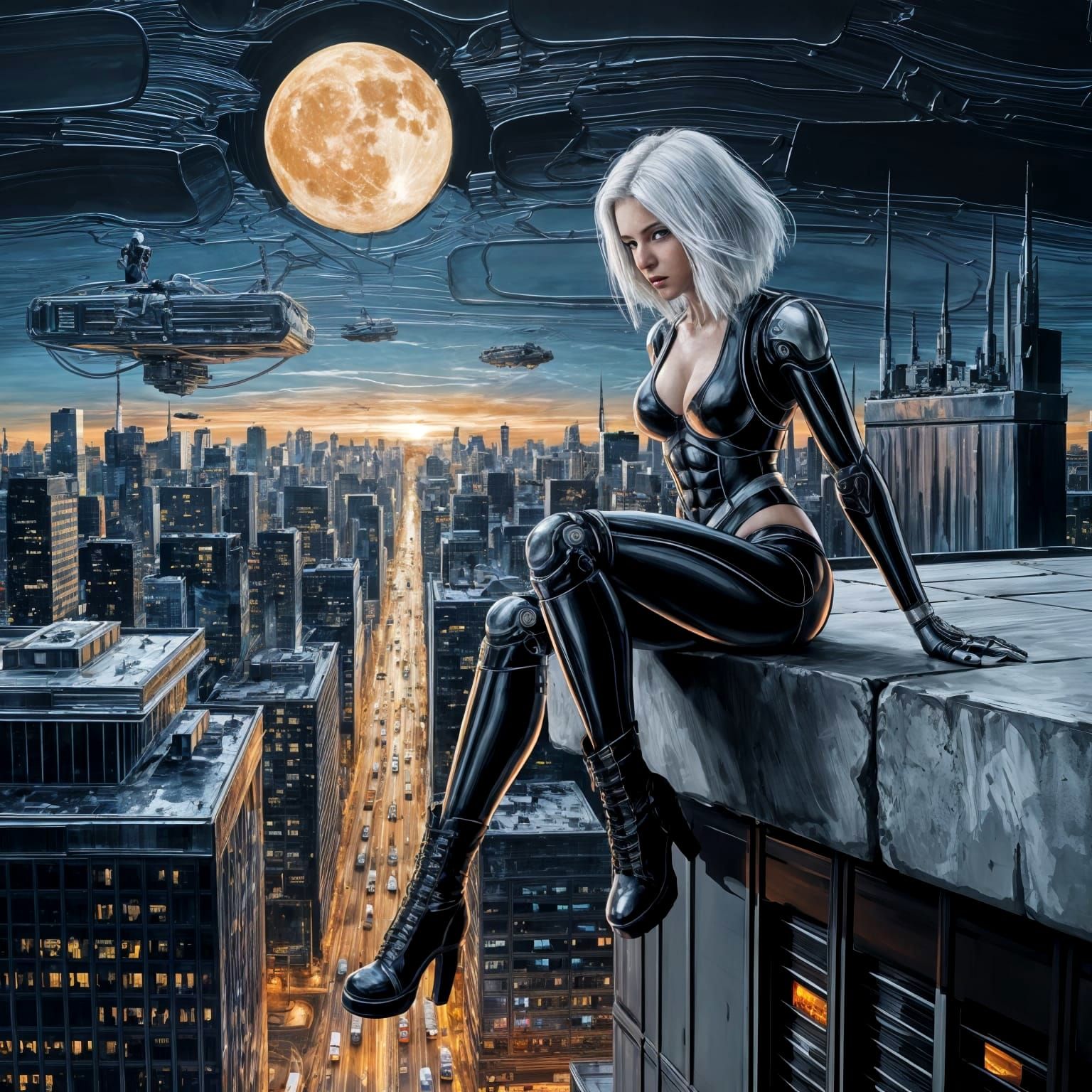 Cyborg Goddess in Cyberpunk Cityscape